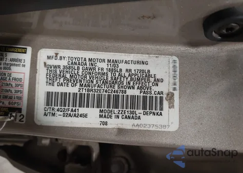 2004 Toyota Corolla Le from USA, damaged, VIN 2T1BR32E74C246788